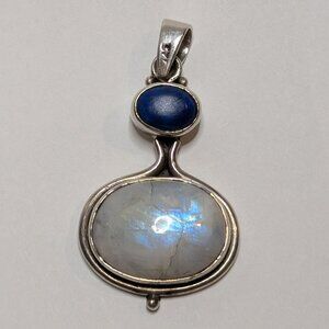 Blue Lapis, Iridescent Moonstone, and Sterling Silver Celestial Vintage Pendant